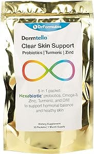 DrFormulas Dermtella Clear Skin Support Packs | Pills with Zinc, Probiotics & DIM | Supplements for Women, Teens & Men with Nexabiotic Probiotics, Turmeric, Fish Oil, 1 Month Supply
