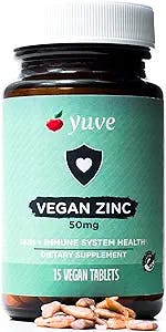 Yuve Vegan Natural Zinc 50mg Supplement - Travel Size - Boosts Your Immune System - Fast Relief from Colds and Flu - Acne Free Skin - Non-GMO, Gluten Free, Sugar Free - 15 Vegetarian Tabs