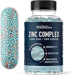 Zinc 30mg Microbeadlets with Copper | Highly Absorbable Zinc Bisglycinate & Orotate with 2mg Chelated Copper + Vitamin B6 | Vegan, Gluten-Free | Zinc Balance & Acne Support Supplements | 60 Capsules
